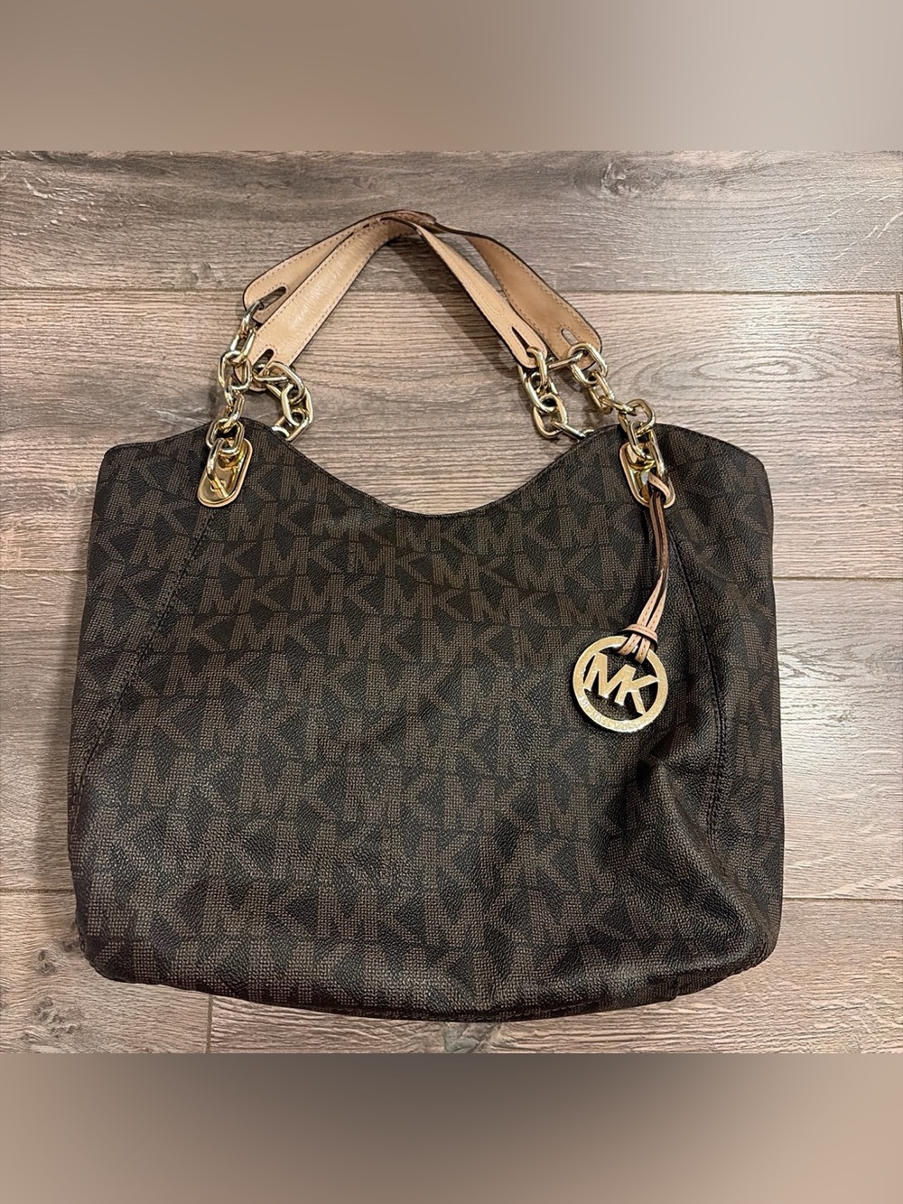 Michael Kors Dark Brown Signature MK Shoulder Bag with Gold Hardware